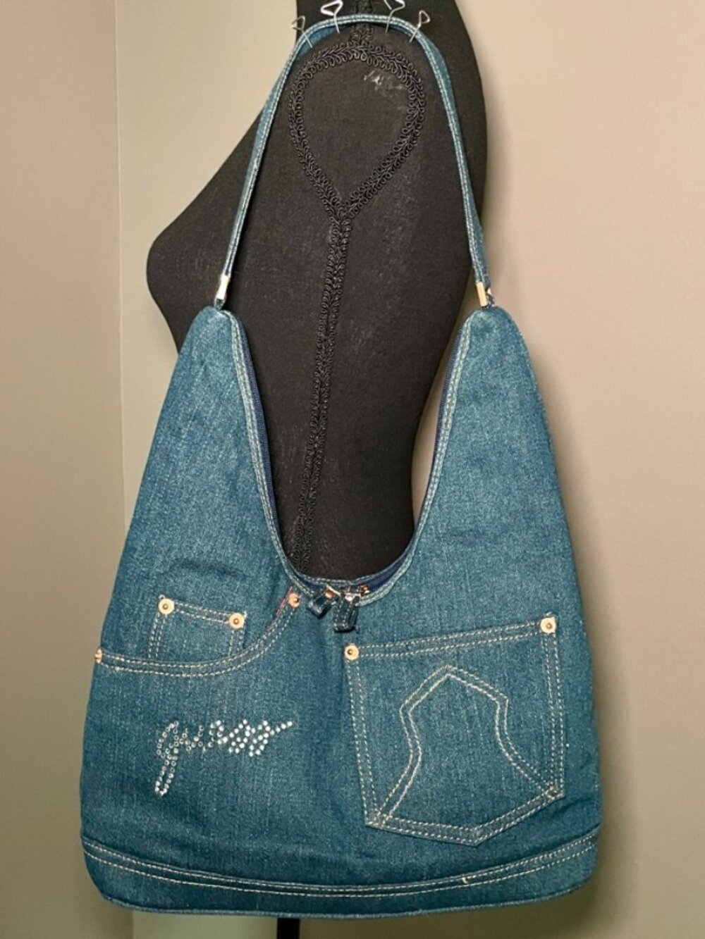 GUESS Vintage Y2K denim double-zip shoulder bag